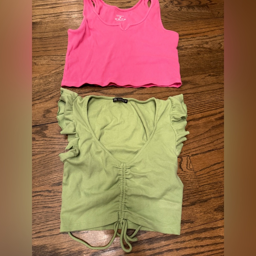 Zara Ribbed Ruched Top M Olive + Primark Pink Waffle Tank M Cropped Bundle